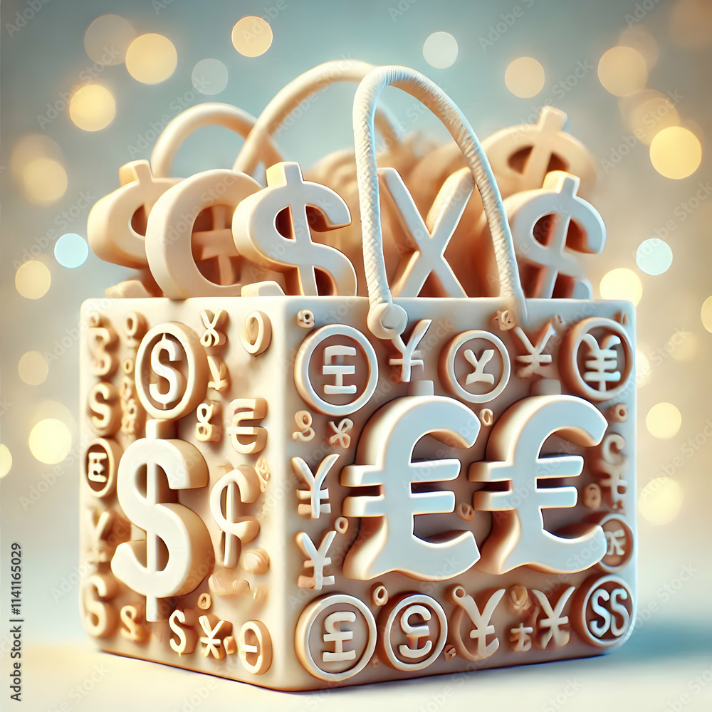 Poster 3d soft abstract of shopping bags with currency symbols bokeh background concept as a digital artwor