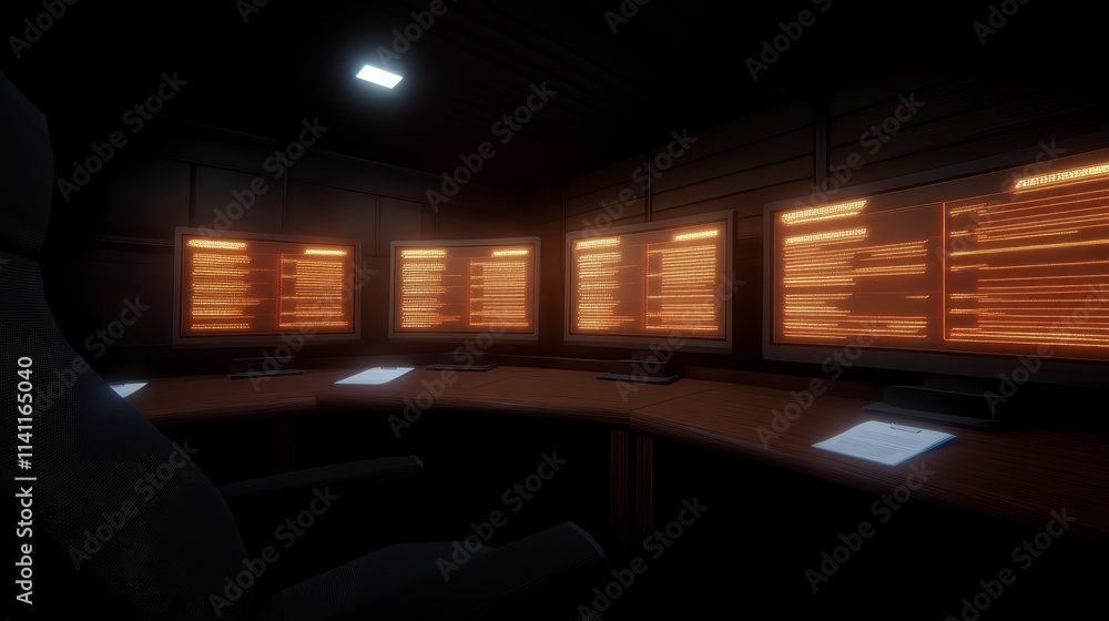 Poster a dimly lit control room featuring multiple screens displaying dynamic orange patterns, creating a f