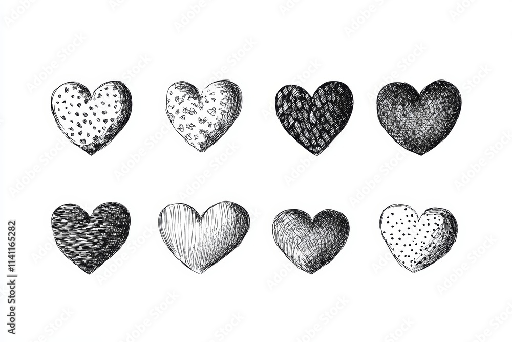 Poster Hand-drawn heart sketches: eight variations with unique patterns and textures