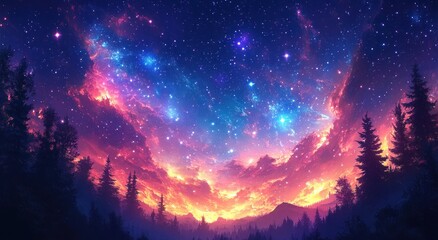 Naklejka premium Galactic Night Sky with Swirling Galaxies and Illuminated Forest Silhouette