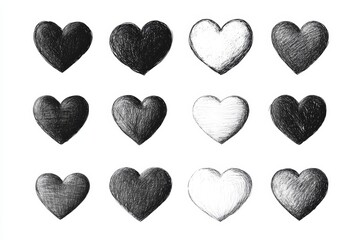 Obraz premium Set of twelve hand-drawn black and white heart illustrations