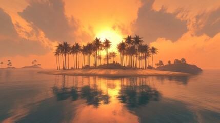 Serene Sunset Over Island Oasis Surrounded by Palm Trees and Water