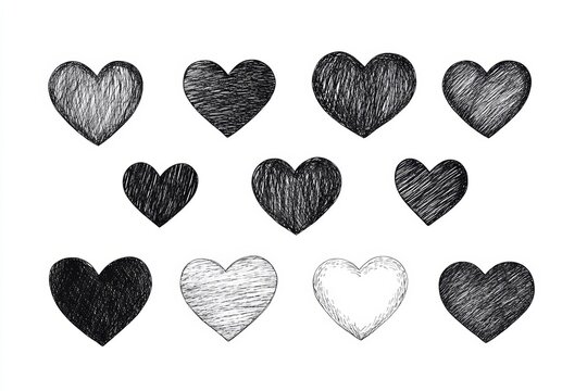 Collection of hand-drawn sketched hearts with varying shades and textures on white background