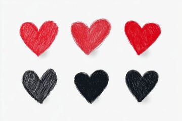 Fototapeta premium Hand-drawn red and black hearts pattern on white background
