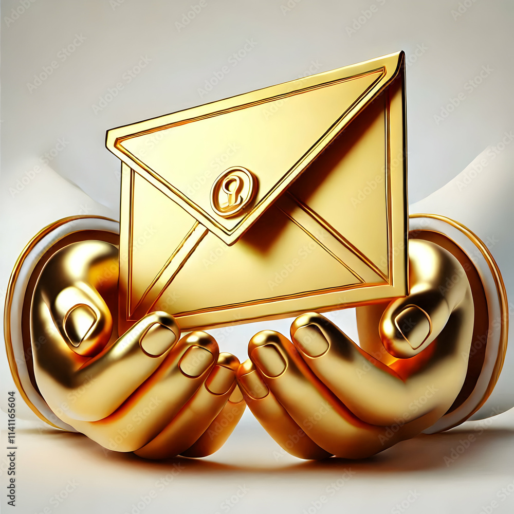 Poster 3d macro image of a golden envelope being opened concept as a close up image of hands opening a gold