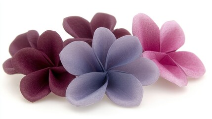 Obraz premium Three vibrant, layered fabric flowers in shades of burgundy, lavender, and pink, arranged artfully against a white background.