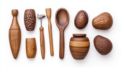 A collection of handcrafted wooden kitchen tools and decorative items arranged neatly on a white background.