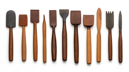 A collection of wooden kitchen utensils arranged in a row, showcasing various shapes and sizes, ideal for cooking and baking.