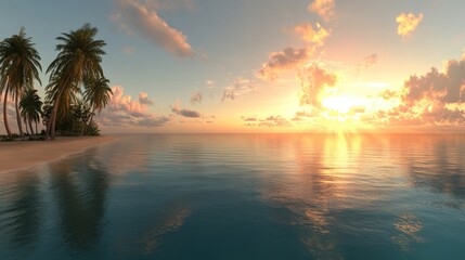 Serene Tropical Sunset Over Calm Ocean with Palm Trees and Soft Clouds