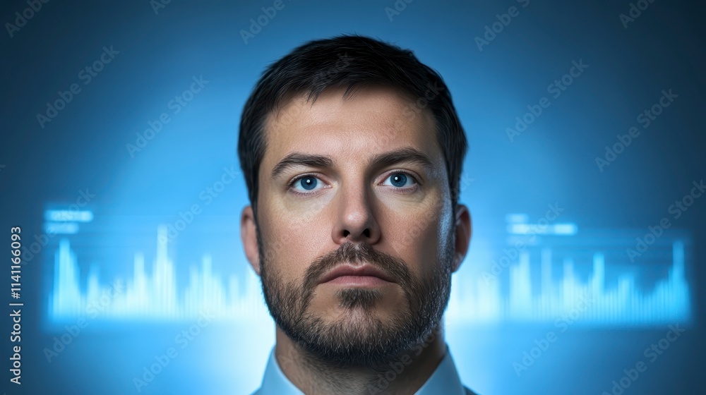 Poster a focused man gazes ahead, with digital graphics and data visualizations glowing in the background.