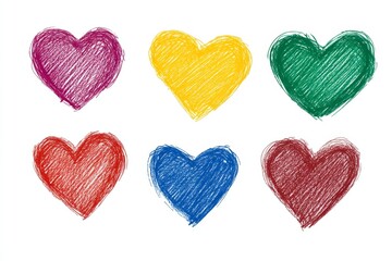 Colorful sketched hearts in pink, yellow, green, red, blue, and maroon on white background