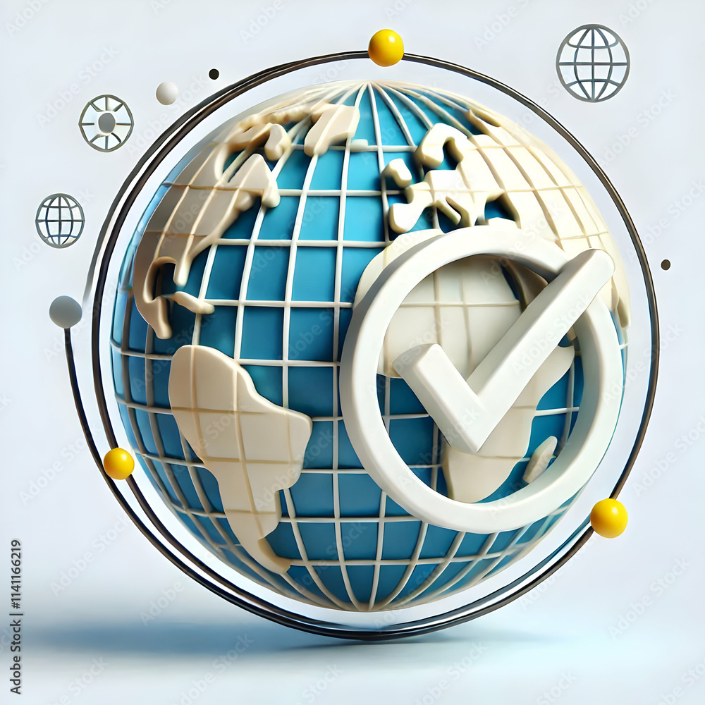 Poster 3d globe and checkmark icons representing global compliance concept as a vector illustration of a gl