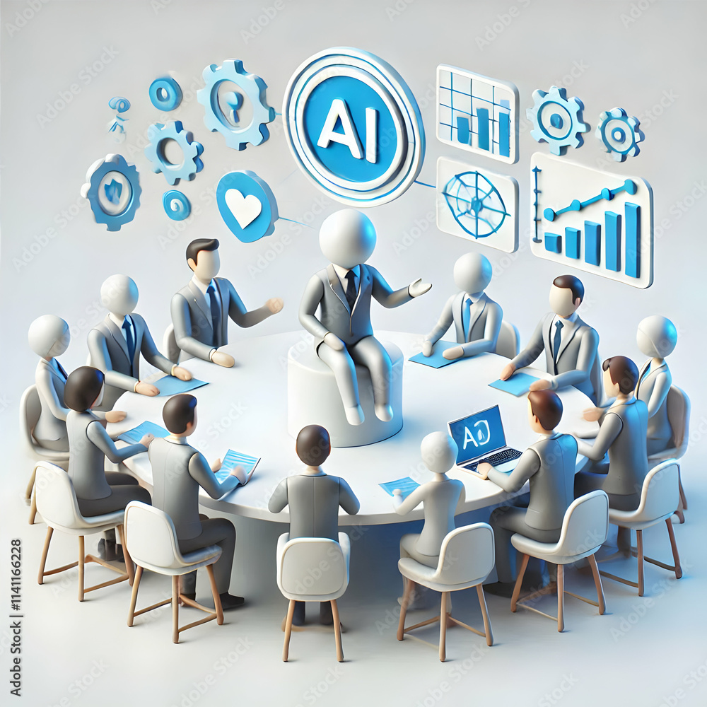 Poster 3d business team analyzing ai data on plain white table copy space concept as business team analyzes