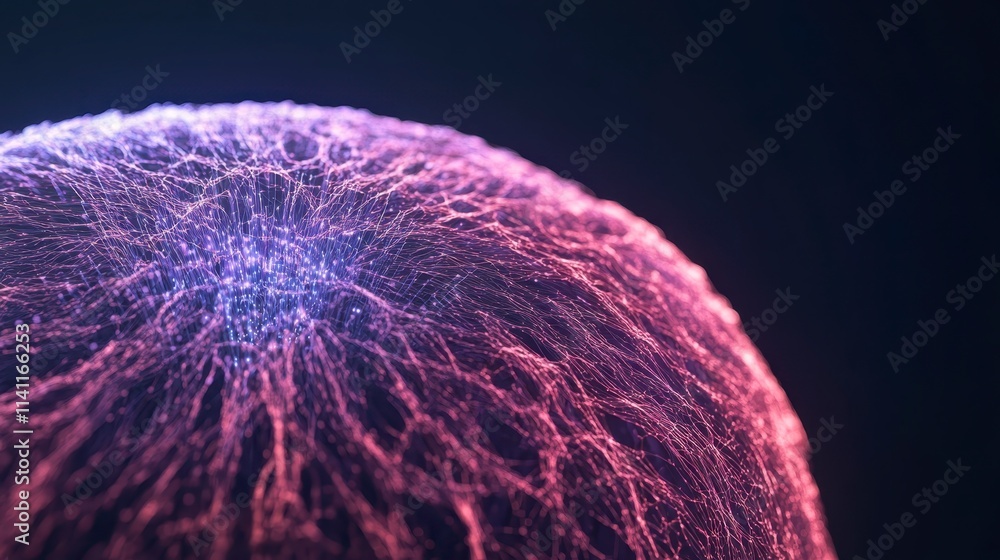 Poster a vibrant sphere of interconnected lines and nodes, representing a network or digital data in hues o