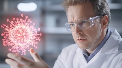 A scientist in a lab coat examines a holographic virus model with a focused expression, showcasing research and innovation in virology.