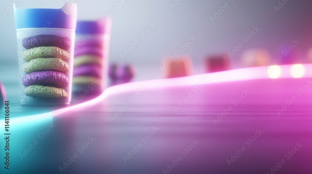 Poster a vibrant, colorful display of stacked items in transparent containers, highlighted by a glowing lin