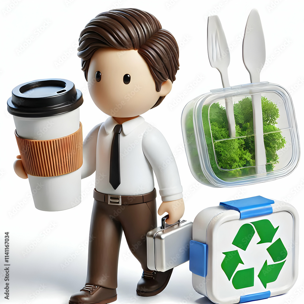 Poster 3d employee using reusable coffee cup and eco friendly lunch container with space for text concept a