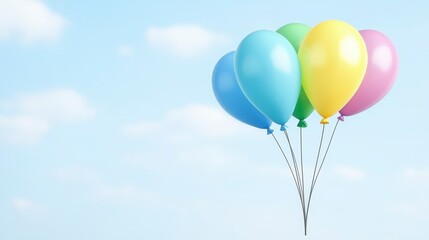 Colorful balloons float against a bright blue sky, evoking a sense of joy and celebration.