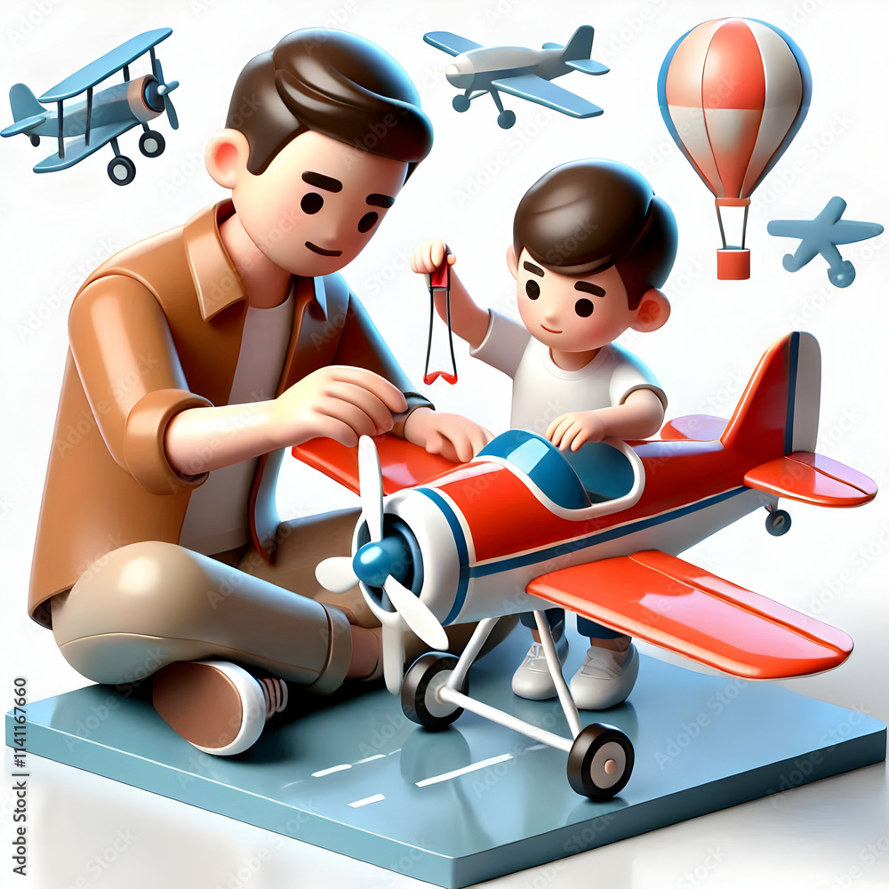 Poster 3d father and son building a model airplane with a glossy background and copy space concept as a dyn