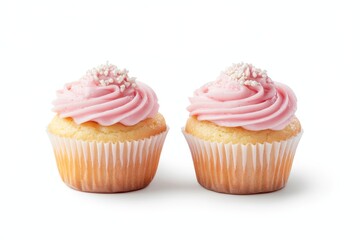 Two delicious vanilla cupcakes with pink frosting and white sprinkles