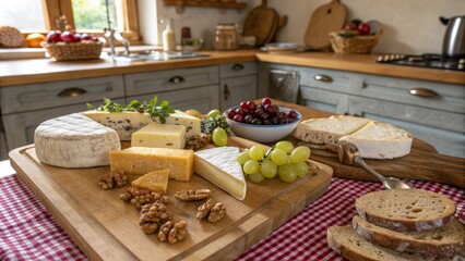 Cheese Board with Grapes, Nuts, and Bread in Rustic Kitchen
