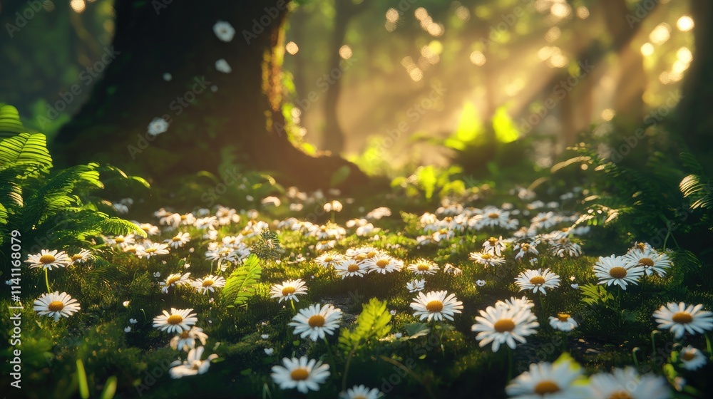 Poster sunlight filtering through trees in a flower-filled forest scene