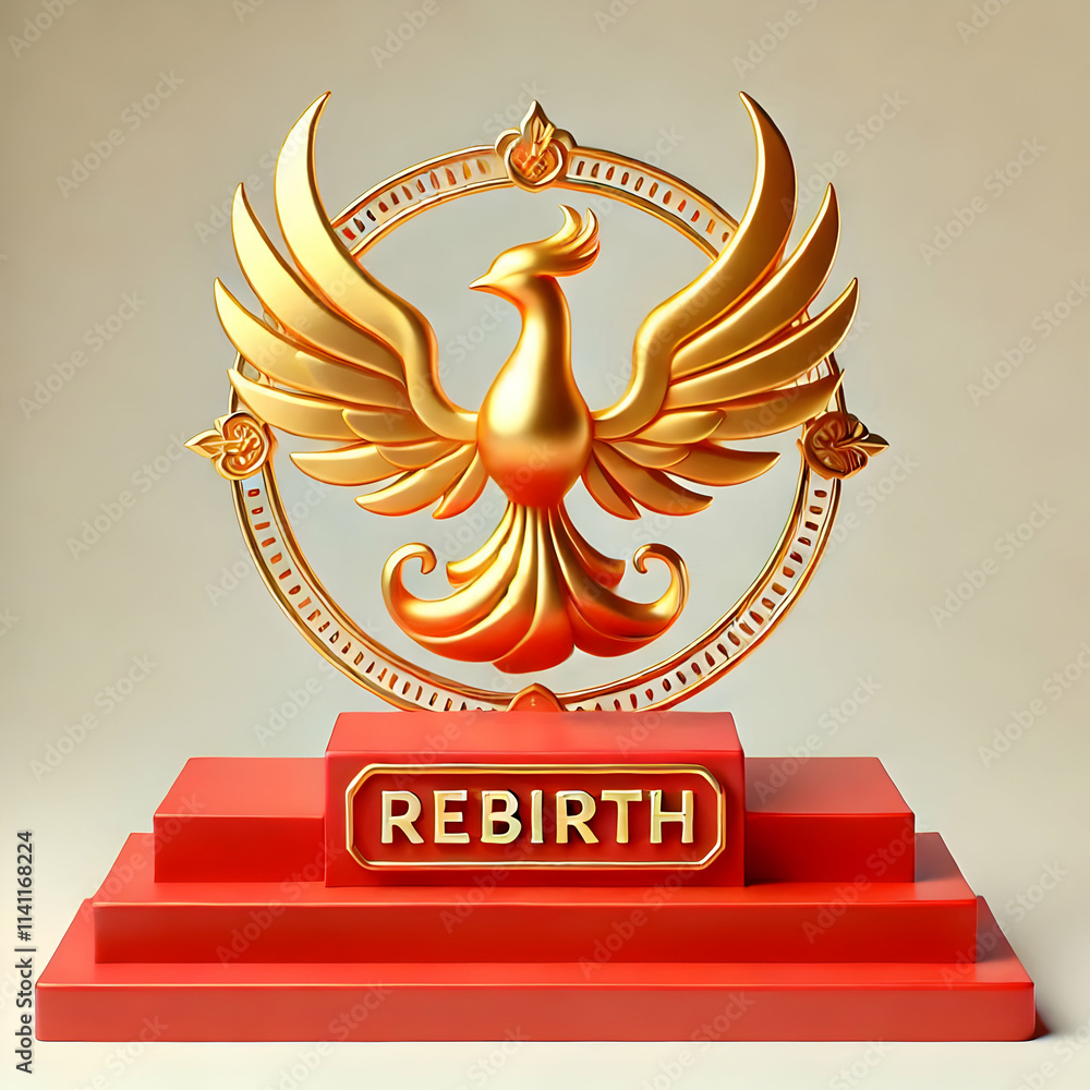 Poster 3d red podium with golden phoenix and rebirth wording ample copy space above. concept as a static sh