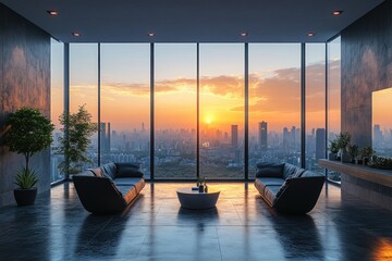Panoramic View Modern Office Interior with Large Windows Minimalist Design Wooden Floors Concrete Walls