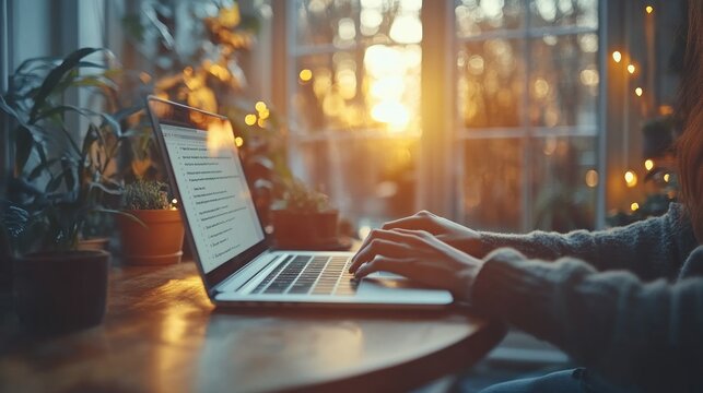 Freelance Woman Working Online with Laptop for Blog Content Creation in Modern Minimalist Workspace