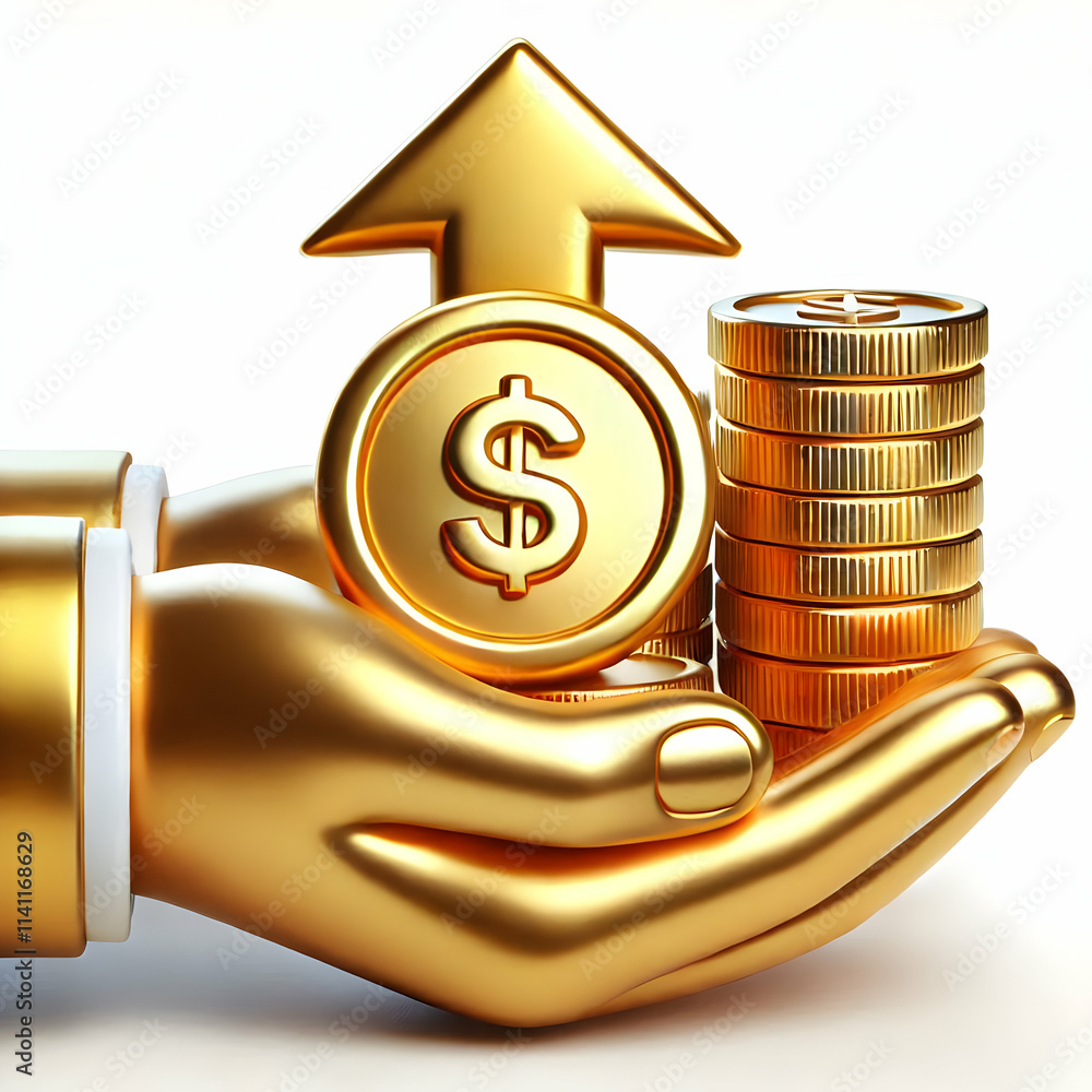 Poster 3d close up of hand holding golden coin with upward arrow icon concept as macro of hand holding a go