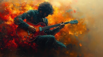Dynamic Guitar Musician Illustration in Abstract Art Style with Warm Colors and Geometric Shapes