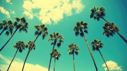 Lush Green Palm Trees Against Bright Blue Sky with Soft Clouds