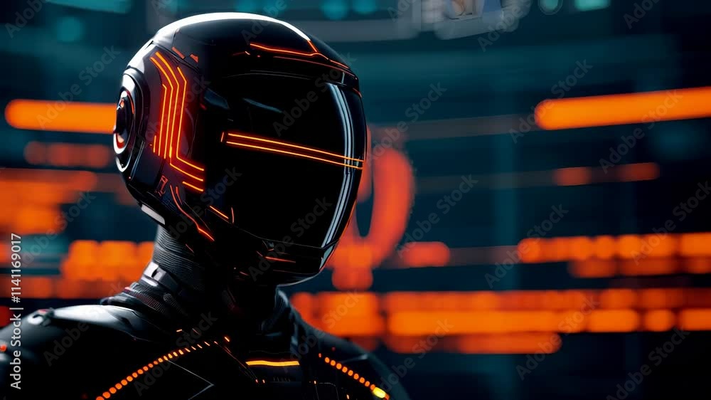 Poster futuristic robot technology glowing helmet in digital environment with sleek design