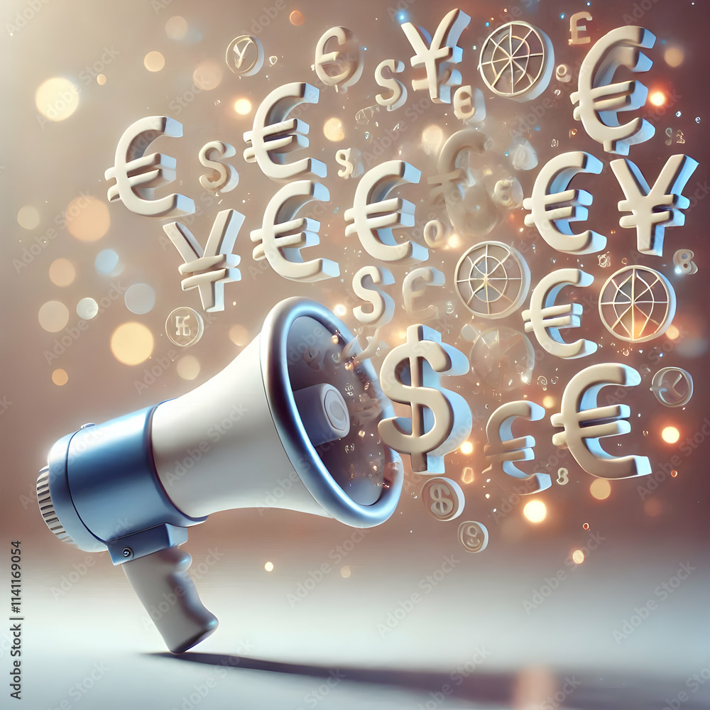 Poster 3d abstract digital art of a megaphone emitting currency symbols with bokeh effect concept as a crea