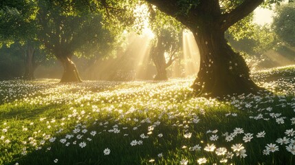 Sunlit Forest Clearing with Flowers and Gentle Sunbeams