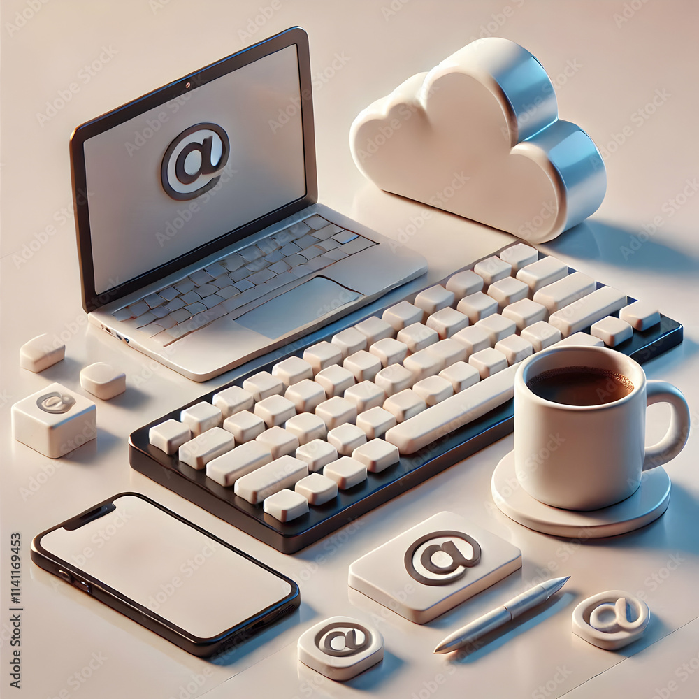 Poster 3d glossy background of a keyboard and coffee mug with copy space on a plain desk. concept as a stat