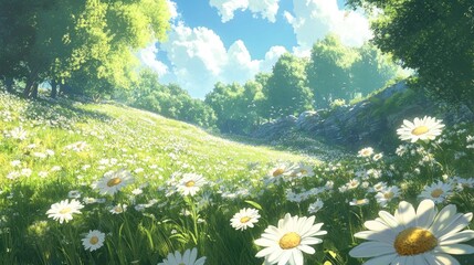Serenity in a Meadow with Blooming Daisies and Clear Blue Sky