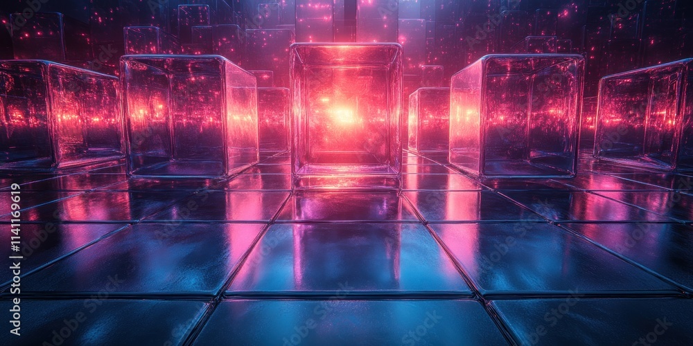 Poster futuristic abstract reflective cubes 3d rendering with blue and purple lighting on black background