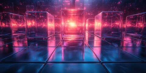 Fototapeta premium Futuristic Abstract Reflective Cubes 3D Rendering with Blue and Purple Lighting on Black Background