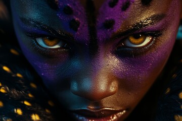 A woman with purple and gold face paint