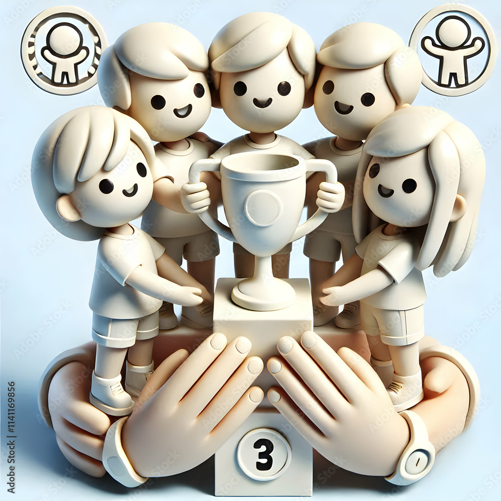 Poster 3d macro shot of group holding a trophy together copy space on side. concept as a close up image of 