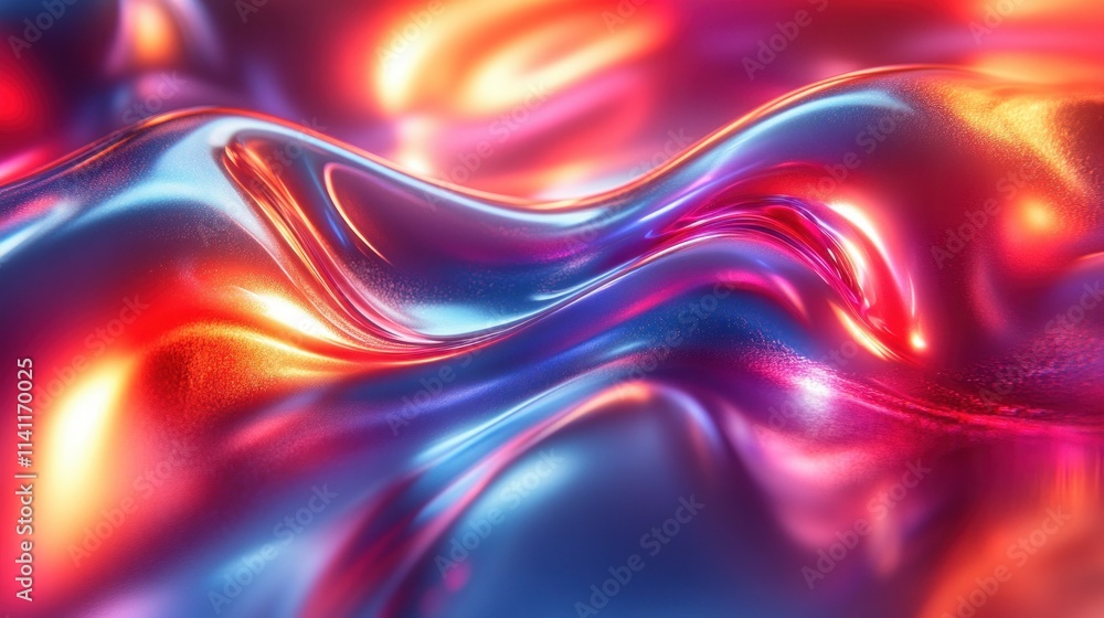 Poster glossy metallic surface with vibrant color reflections in abstract curvilinear design
