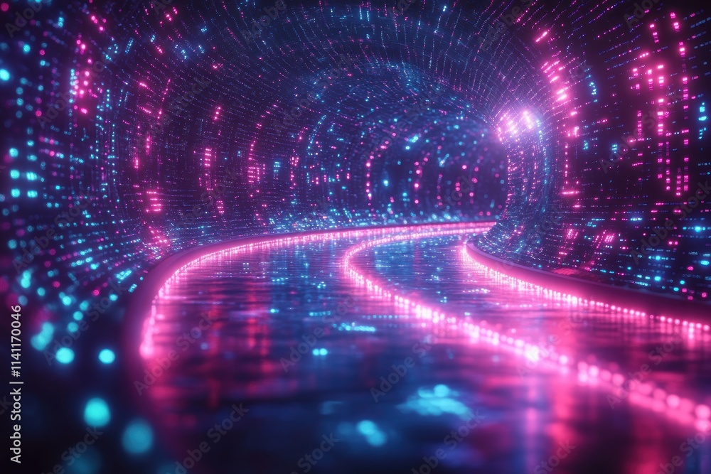 Aufkleber Futuristic Digital Landscape with Neon Lines and Binary Code in Cyberpunk Style