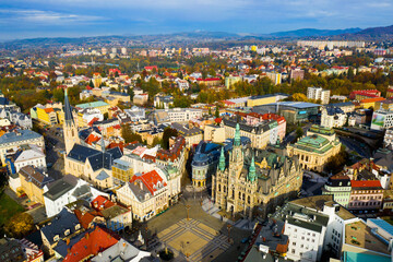 Aerial view of Liberec cityscape with buildings and streets, Czech Republic