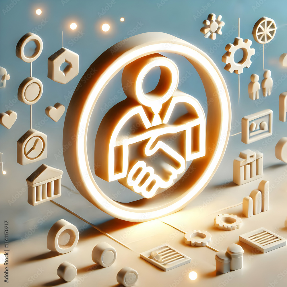 Aufkleber 3d plain white background with a handshake icon glowing in the center concept as a plain white backg