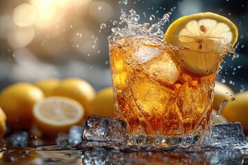 Exhilarating Splash of Ice Cubes in Refreshing Lemonade with Dynamic Droplets and Lively Backlighting
