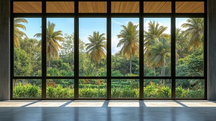 3D render of an empty old wood plank wall, concrete floor, and sunlight shining in, with a view of a lush tropical garden outside, bringing a vibrant and refreshing atmosphere.