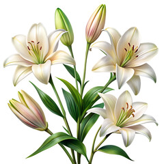 Elegant blooming lilies with buds, cut out isolated on white background as transparent. PNG