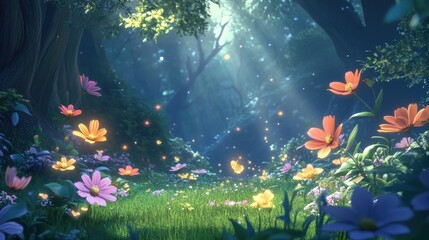 Enchanted Forest with Colorful Flowers and Soft Sunlight Rays