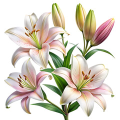 Naklejka premium Elegant blooming lilies with buds, cut out isolated on white background as transparent. PNG